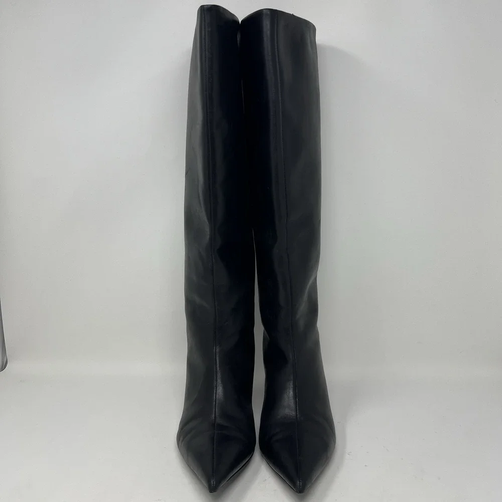 Free People Kiki Knee High Kitten Heel Boots Womens Size 7 Black Leather Pull On